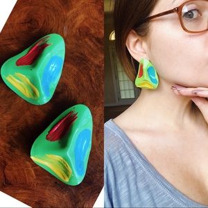 Vintage 80s Green Artist Palette Pierced Earrings